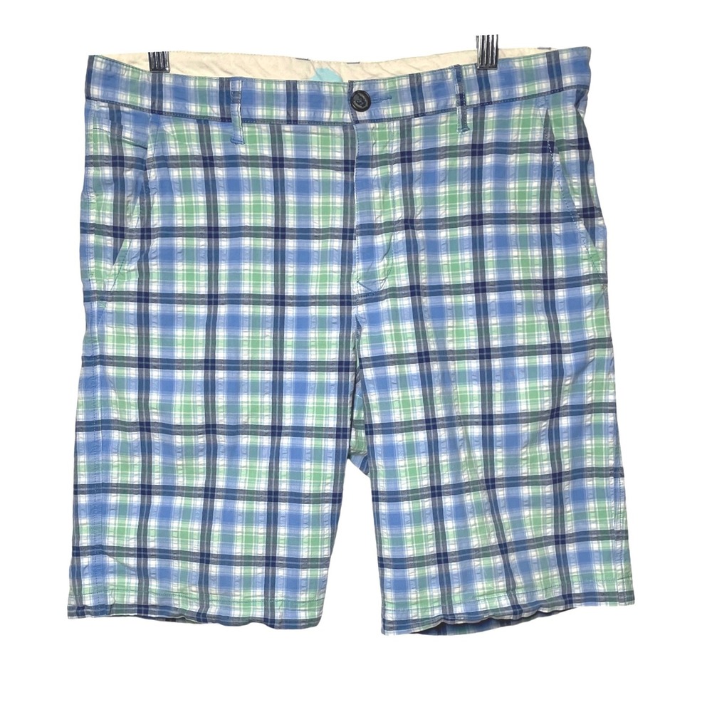 Tommy Bahama Mens Blue Green Plaid Cotton Stretch Flat Front Shorts Size 33